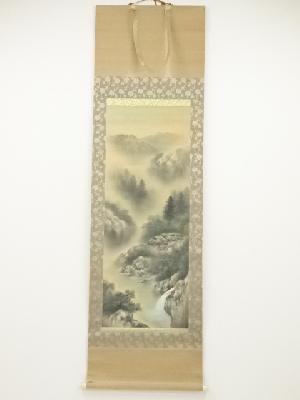 香月筆　彩色山水　肉筆絹本掛軸（共箱）